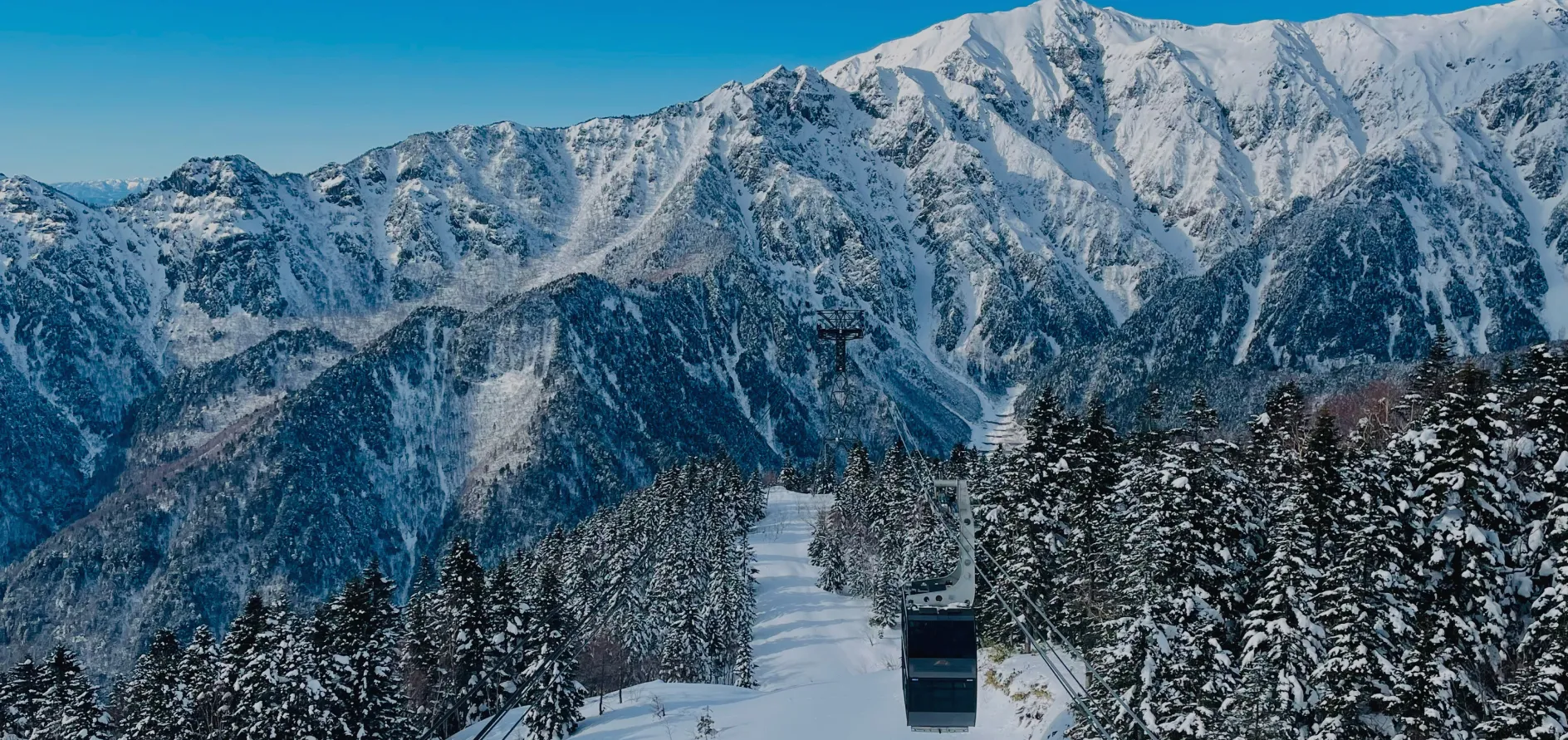 雪に覆われた山脈と木々が美しい新穂高ロープウェーの風景