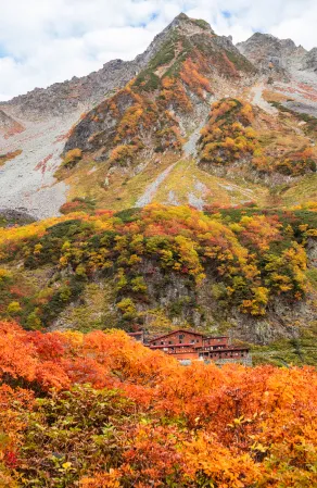 鮮やかな紅葉に包まれた山と、手前に位置する小さな家の美しい景色