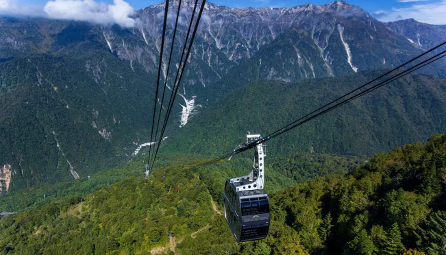 山岳地帯を進むロープウェイから見える雄大な山並みと緑豊かな森林の景色