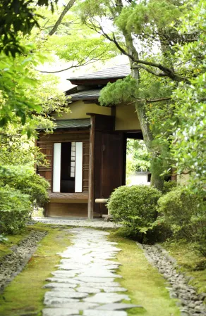  日本の小さな家へと続く道。穏やかな自然に包まれた風情ある景色