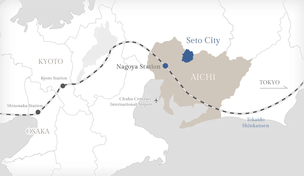 京都、大阪、名古屋、東京といった主要都市を含む中部地方の広域地図。Seto Cityの位置が強調されている