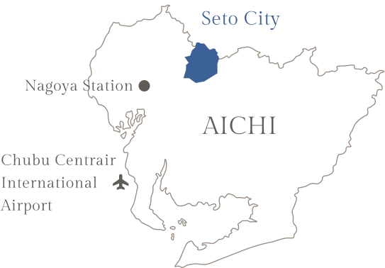 愛知県内で名古屋駅とSeto Cityの位置を示す詳細地図。中部国際空港も表記されている。